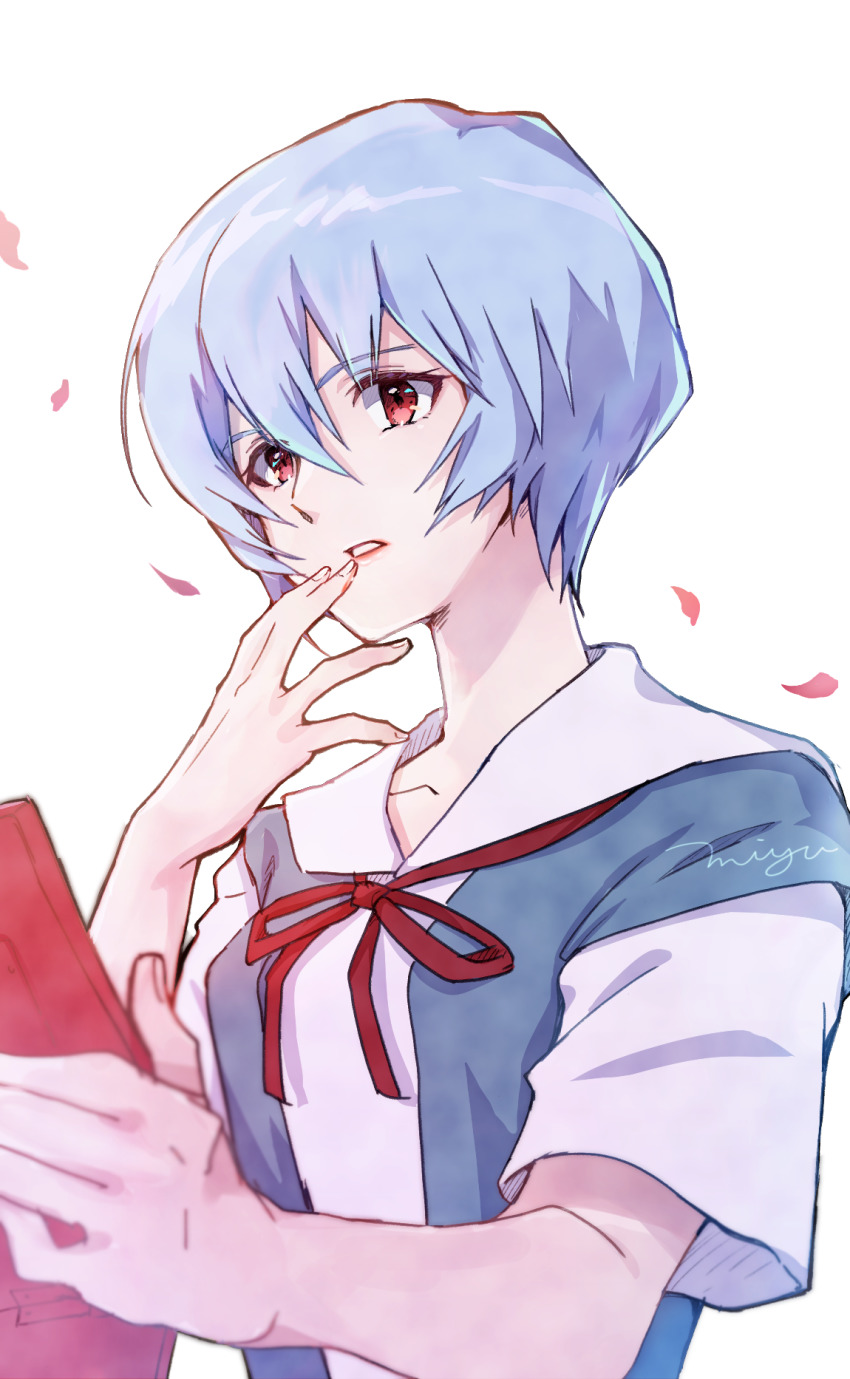 1girl abicomiyushi ayanami_rei blouse blue_hair collared_shirt hair_between_eyes highres holding looking_at_viewer neck_ribbon neon_genesis_evangelion parted_lips petals red_eyes red_ribbon ribbon sailor_collar sailor_shirt school_uniform shirt short_hair simple_background solo tokyo-3_middle_school_uniform upper_body white_background white_sailor_collar white_shirt