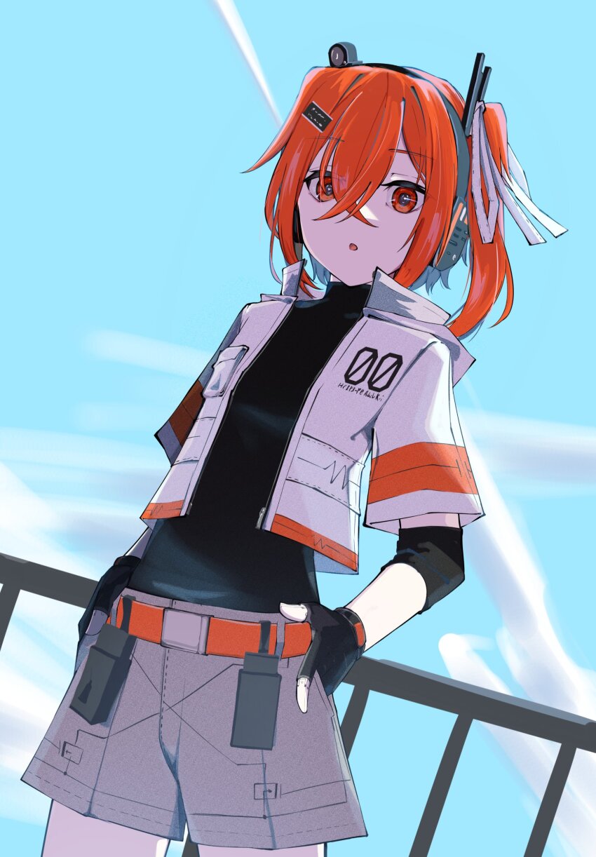 1girl a.i._voice absurdres adachi_rei adapted_costume belt belt_pouch black_shirt blue_sky cloud commentary_request computer_chip contrail cowboy_shot cropped_jacket crossed_bangs day dutch_angle elbow_sleeve eye_trail fingerless_gloves gloves grey_shorts hair_between_eyes hair_ornament hair_ribbon hairclip hands_in_pockets headlamp headset highres hood hood_down hooded_jacket jacket joints lens_eye light_trail medium_hair one_side_up open_clothes open_jacket open_mouth orange_belt orange_eyes orange_hair outdoors pouch radio_antenna railing ribbon robot_joints shirt shirt_tucked_in short_sleeves shorts sky solo standing teckinder turtleneck utau white_jacket white_ribbon