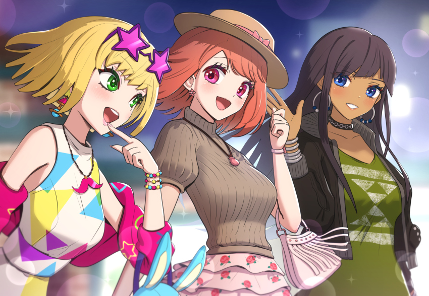 3girls black_hair blonde_hair character_request earrings girls_mode_4:_star_stylist gonzarez green_eyes hat headgear highres jewelry long_hair multiple_girls necklace open_mouth pink_eyes red_hair short_hair smile girls_mode