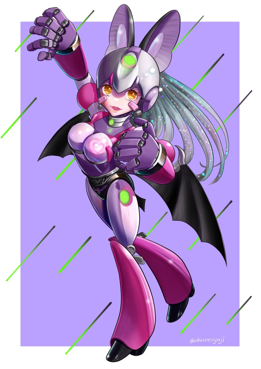 1girl aburaeoyaji animal_ears bat_ears bat_girl bat_wings brown_long-eared_bat_(kemono_friends) extra_ears grey_hair helmet highres humanoid_robot kemono_friends kemono_friends_v_project long_hair looking_at_viewer mechanical_arms mechanical_legs purple_background robot robot_girl simple_background solo virtual_youtuber wings yellow_eyes