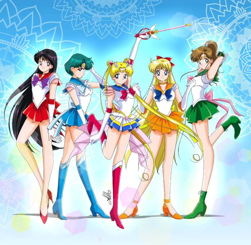 5girls aino_minako anello81 bishoujo_senshi_sailor_moon black_hair blonde_hair blue_eyes blue_hair boots bow breasts brown_hair gloves green_eyes high_heels hino_rei kino_makoto long_hair magical_girl miniskirt mizuno_ami multiple_girls purple_eyes red_bow sailor_jupiter sailor_mars sailor_mercury sailor_moon sailor_venus see-through_clothes see-through_sleeves short_hair skirt standing standing_on_one_leg super_sailor_jupiter super_sailor_mars super_sailor_mercury super_sailor_moon super_sailor_venus tsukino_usagi twintails very_long_hair