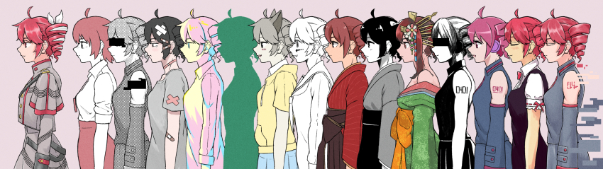 6+girls absurdres ahoge alternate_costume alternate_hair_color alternate_hairstyle animal_ears annotated arms_at_sides arrow_(symbol) arrow_tattoo babel_(utau) bandaid bandaid_hair_ornament bandaid_on_arm bar_censor bare_shoulders black_hair black_shirt blue_eyes blue_skirt blush bow cat_ears censored censored_identity choker closed_eyes closed_mouth collared_shirt commentary_request cowboy_shot dame_ningen_da_(utau) detached_sleeves drill_hair expressionless f.o.f_(utau) facial_tattoo freckles from_side fukkireta glitch green_kimono grey_hair grey_jacket grey_shirt grey_skirt hair_bow hair_ornament hakama headphones highres hood hood_down hoodie inochi_mijikashi_koiseyo_otome_(utau) jacket japanese_clothes kanbaru_mitsuki kanzashi kasane_teto kasane_teto_(sv) kasane_teto_(utau) kemonomimi_mode kimono kuronuri_sekai_ate_shokan_(utau) lanyard layered_clothes layered_kimono lineup looking_ahead meishou_roman_(utau) migi_ni_ma_gaaru_(utau) multiple_girls multiple_persona musical_staff musical_staff_print nekosogi-matter-bop_(utau) number_tattoo off_shoulder open_mouth partially_colored pink_choker pinstripe_kimono pinstripe_pattern pout print_jacket print_skirt profile puffy_short_sleeves puffy_sleeves red_hair red_kimono sayonara_no_matataki_(utau) school_uniform screentones seikaku_warukute_sumimasen._(utau) serafuku shirt shirt_tucked_in short_hair short_sleeves shoulder_tattoo silhouette simple_background skirt sky_high_(utau) sleeveless sleeveless_shirt sleeves_rolled_up smile songover standing synthesizer_v t-shirt tattoo tearing_up twin_drills utau white_bow yellow_hoodie yoshiwara_lament_(utau)
