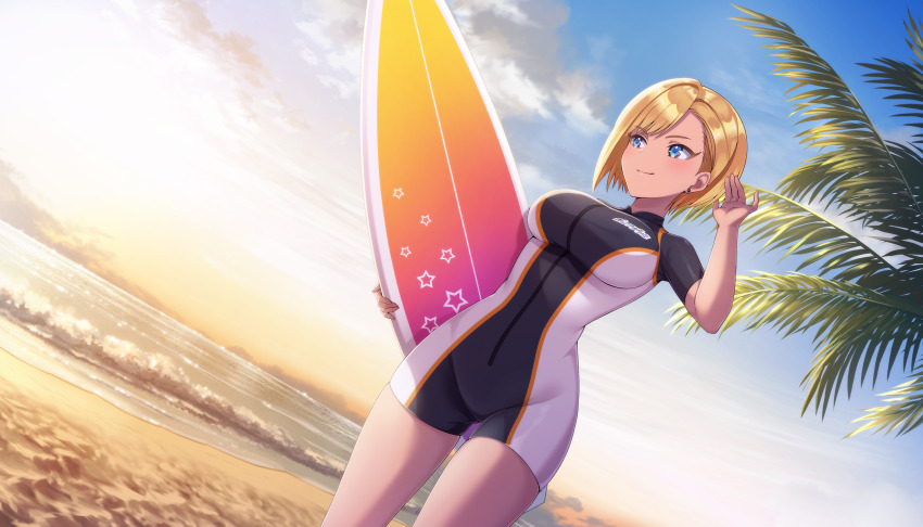 1girl arm_up beach blonde_hair blue_eyes bodysuit breasts dark-skinned_female dark_skin diving_suit dolphin_wave dutch_angle earrings game_cg highres holding holding_surfboard jewelry large_breasts murahaya_mashio non-web_source official_art one-piece_swimsuit ootomo_takuji outdoors short_hair smile solo surfboard swept_bangs swimsuit wetsuit