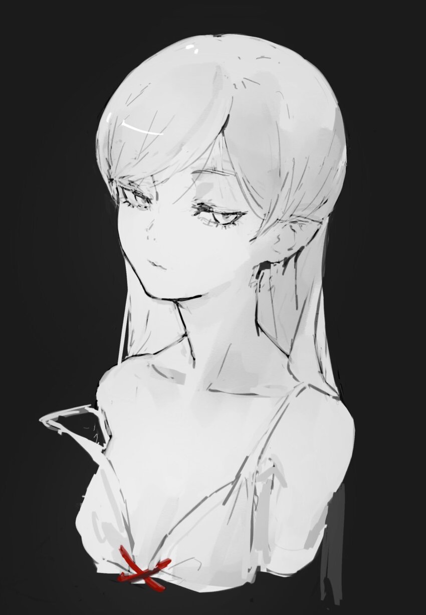 1girl bare_shoulders collarbone dress highres kizumonogatari long_hair monochrome monogatari_(series) oshino_shinobu pointy_ears simple_background solo strap_slip taki_(a313131333) vampire very_long_hair white_dress