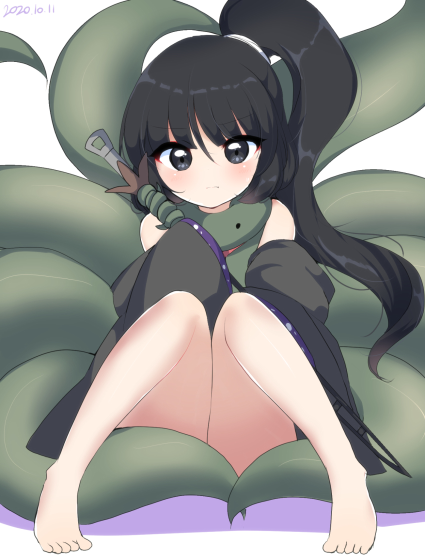 1other adagumo_no_yaorochi bare_shoulders barefoot black_eyes black_hair black_sleeves blush bottle_opener closed_mouth coat dated detached_sleeves green_coat green_scarf highres holding holding_sword holding_weapon japanese_clothes len&#039;en light_frown long_hair long_sleeves looking_at_viewer multiple_tails no_pants no_shoes one_side_up ougi_hina purple_trim red_scarf scarf shadow side_ponytail sitting sleeveless sleeveless_coat snake_tail sword sword_of_kusanagi tail tail_censor tasouken v-shaped_eyebrows weapon wide_sleeves
