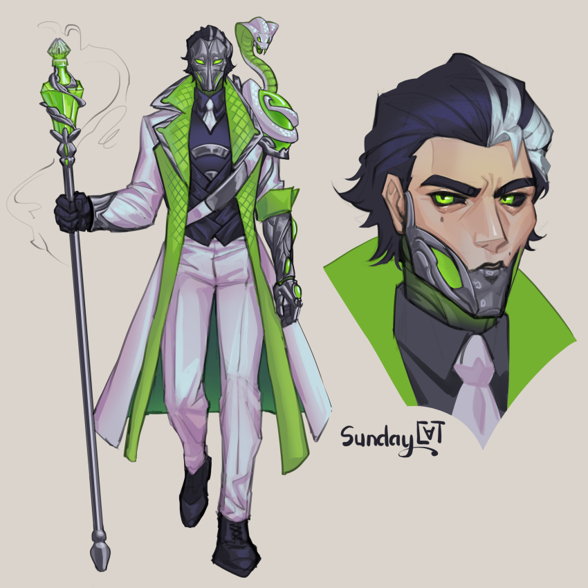 1boy absurdres alternate_costume arm_at_side black_footwear black_gloves black_hair black_sclera black_shirt brown_hair collared_shirt colored_sclera gloves glowing glowing_eyes green_eyes green_jacket grey_jacket grey_pants hair_slicked_back highres holding holding_staff jacket league_of_legends looking_at_viewer male_focus mask multiple_views pants shirt short_hair simple_background snake staff sundaycat3 viktor_(league_of_legends)