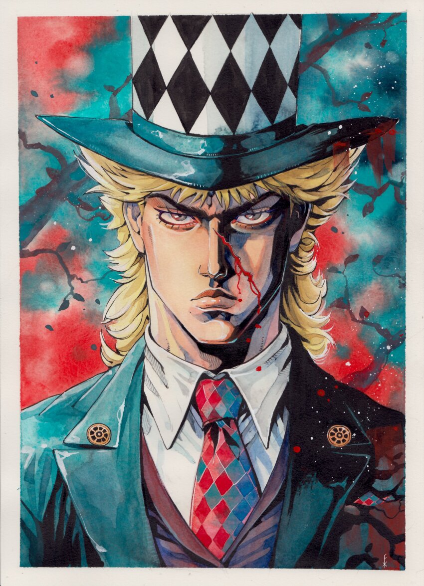 1boy absurdres araki_hirohiko_(style) argyle_clothes argyle_hat argyle_necktie black_hat black_jacket blonde_hair blood blood_on_clothes blood_on_face collared_shirt deep_wound grey_eyes hat highres injury jacket jojo_no_kimyou_na_bouken medium_hair necktie painting_(medium) phantom_blood red_necktie robert_e._o._speedwagon shirt traditional_media tuxedo watercolor_(medium) white_hat white_shirt xfkart