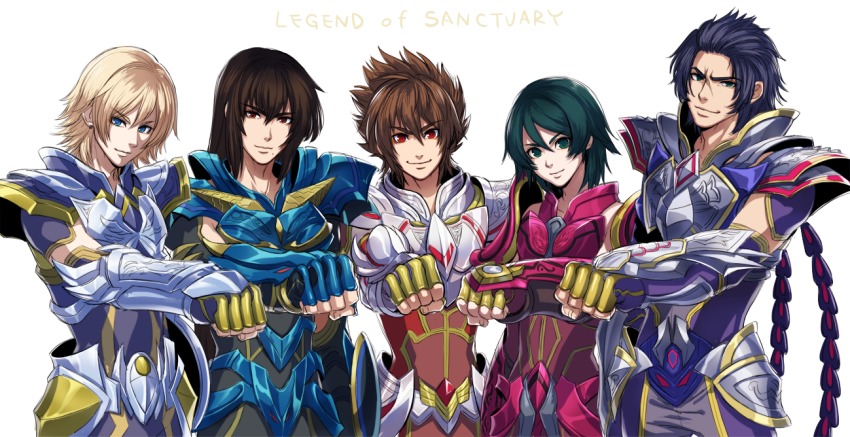 5boys alternate_hairstyle andromeda_shun armor black_hair blonde_hair blue_eyes blue_hair clenched_hand cygnus_hyouga dragon_shiryuu enmto green_eyes green_hair long_hair male_focus mole mole_under_mouth multiple_boys pegasus_seiya phoenix_ikki purple_hair red_eyes saint_seiya saint_seiya:_legend_of_sanctuary scar short_hair