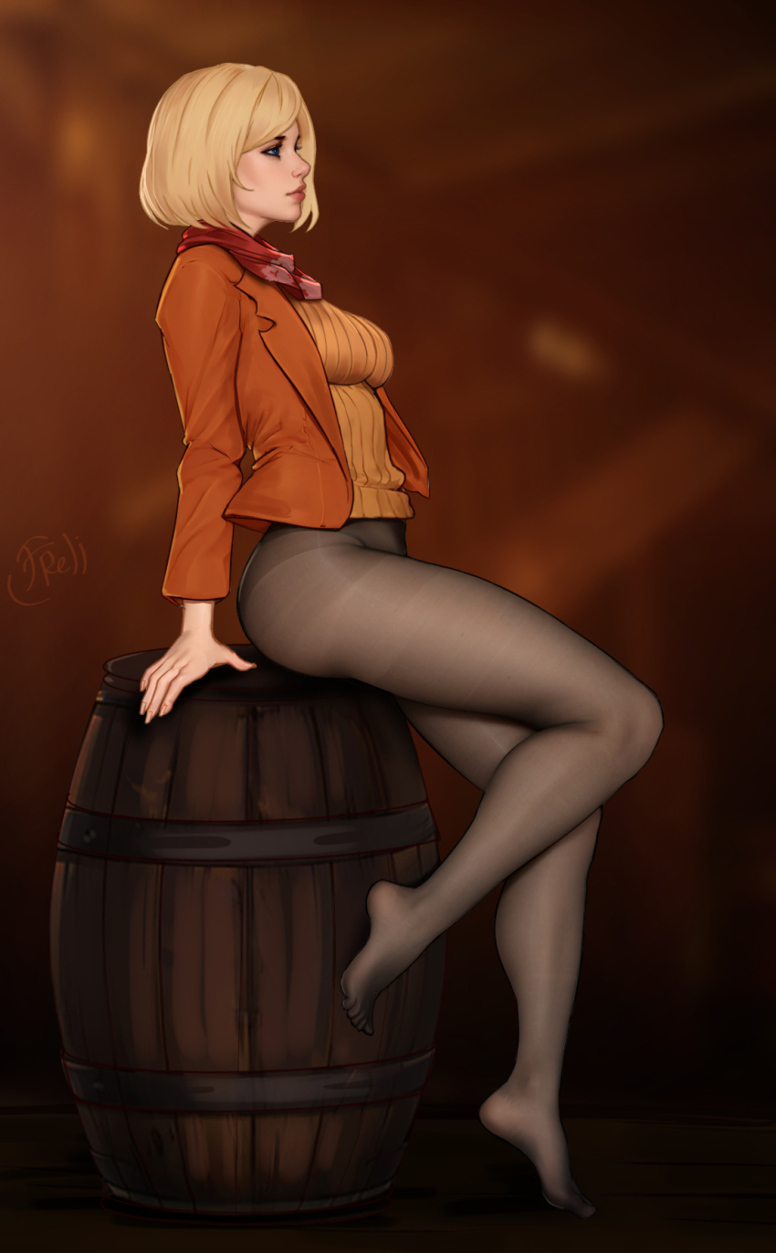 1girl arm_support artist_name ashley_graham barrel black_pantyhose blonde_hair blue_eyes blurry blurry_background breasts depth_of_field feet freli from_side full_body highres jacket legs lips medium_breasts no_shoes open_clothes open_jacket orange_jacket orange_sweater pantyhose profile red_scarf resident_evil resident_evil_4 ribbed_sweater scarf short_hair sitting solo sweater toes