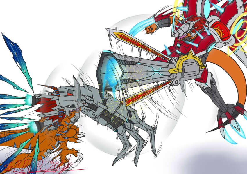 claw_pose claws cyborg digimon digimon_(creature) dinosaur dinosaur_tail errork03 fighting gun highres laser metalgreymon_x-antibody rizegreymon_x-antibody signature tail weapon white_background x-antibody