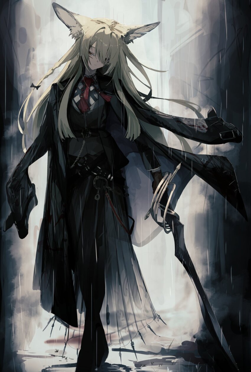 1girl animal_ears ankoro_mochi arknights black_bow black_coat blonde_hair blood blood_on_clothes bow chain character_request closed_eyes coat coat_on_shoulders facial_scar fox_ears fox_girl full_body hair_between_eyes hair_bow hair_over_one_eye highres holding holding_sword holding_weapon looking_at_viewer necktie rain red_necktie scar scar_on_cheek scar_on_face scenery solo standing sword tassel vulpisfoglia_(arknights) weapon