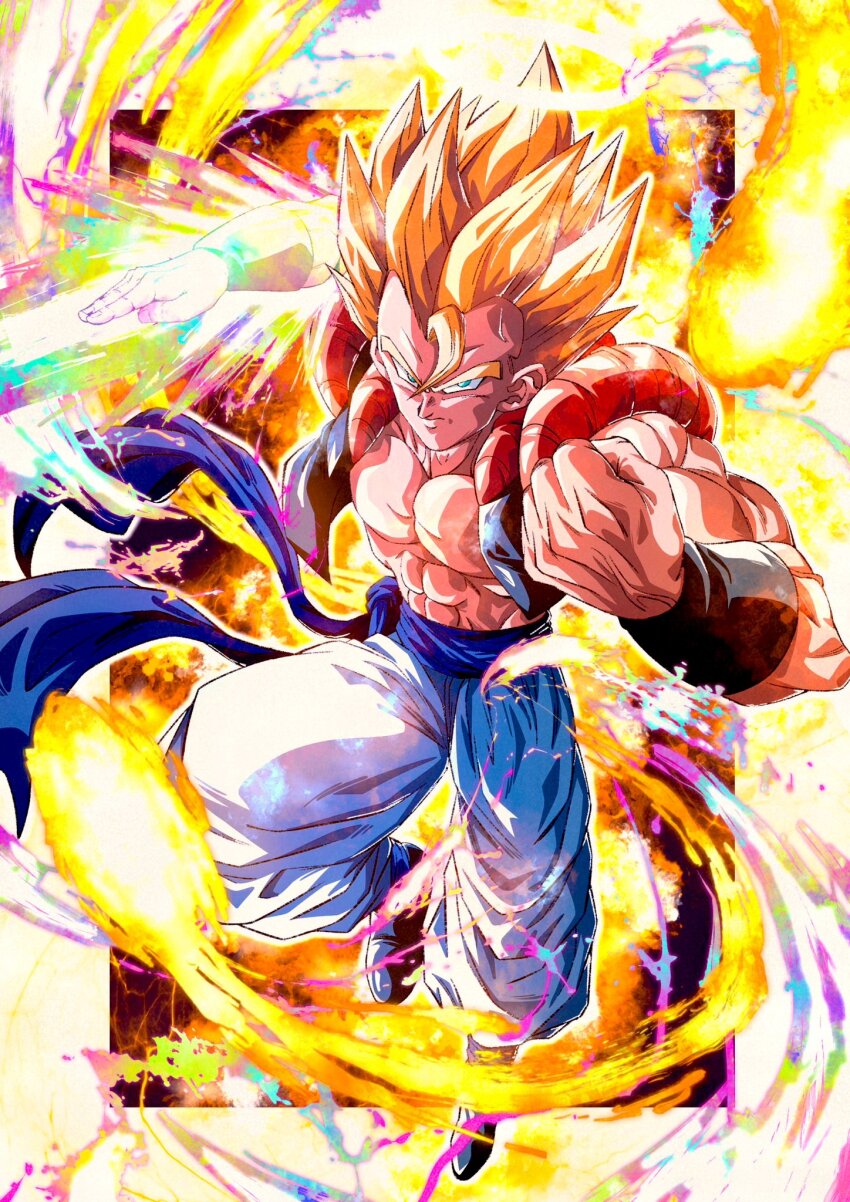 1boy araaaa453 arm_blade aura black_vest blonde_hair border clenched_hand cropped_vest dragon_ball dragon_ball_z_dokkan_battle energy_sword full_body gogeta green_eyes highres male_focus metamoran_vest muscular muscular_male no_shirt open_clothes open_vest solo spiked_hair super_saiyan super_saiyan_1 sword vest weapon white_border