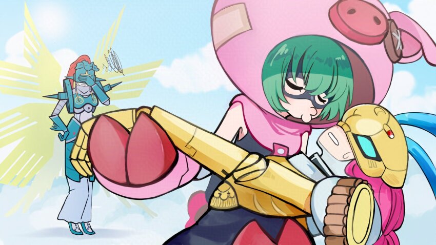 3girls animal_costume animal_ears armor bare_shoulders barobakuoikawa blonde_hair cho-hakkaimon cho_hakkai closed_eyes digimon digimon_(creature) eye_mask green_armor green_eyes green_helmet helmet highres imminent_kiss jougamon long_hair multiple_girls ofanimon oikawa_kurobaba pig_costume pink_hair rabbit_ears rabbit_girl yuri
