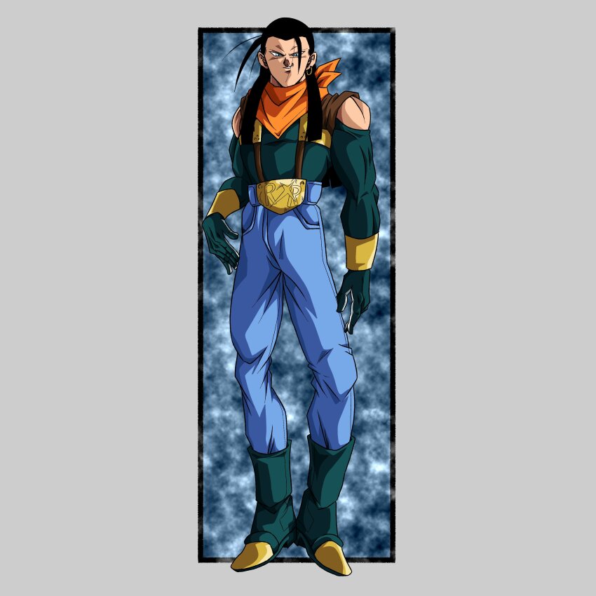 1boy absurdres bandana black_hair blue_eyes dragon_ball dragon_ball_gt earrings gloves grin highres jewelry long_hair looking_at_viewer male_focus muscular muscular_male noir_illust open_mouth orange_bandana pants red_ribbon_army smile super_android_17 teeth