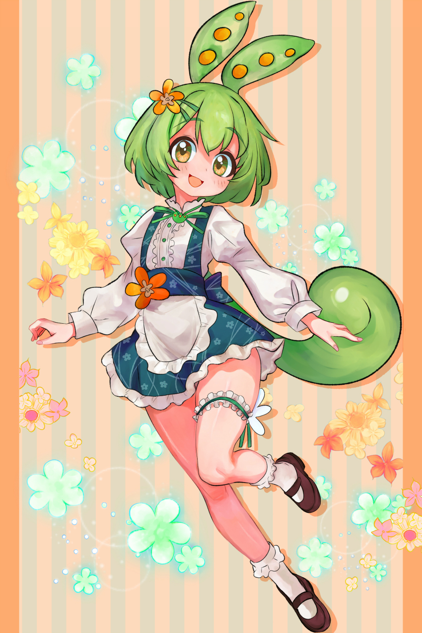 1girl absurdres apron blush bobby_socks commentary_request dress flower frilled_thigh_strap full_body green_hair highres long_hair looking_at_viewer low_ponytail mary_janes open_mouth orange_eyes ponytail shoes smile socks solo thigh_strap tsukiyono_aroe voicevox waitress waitress_zundamon zundamon
