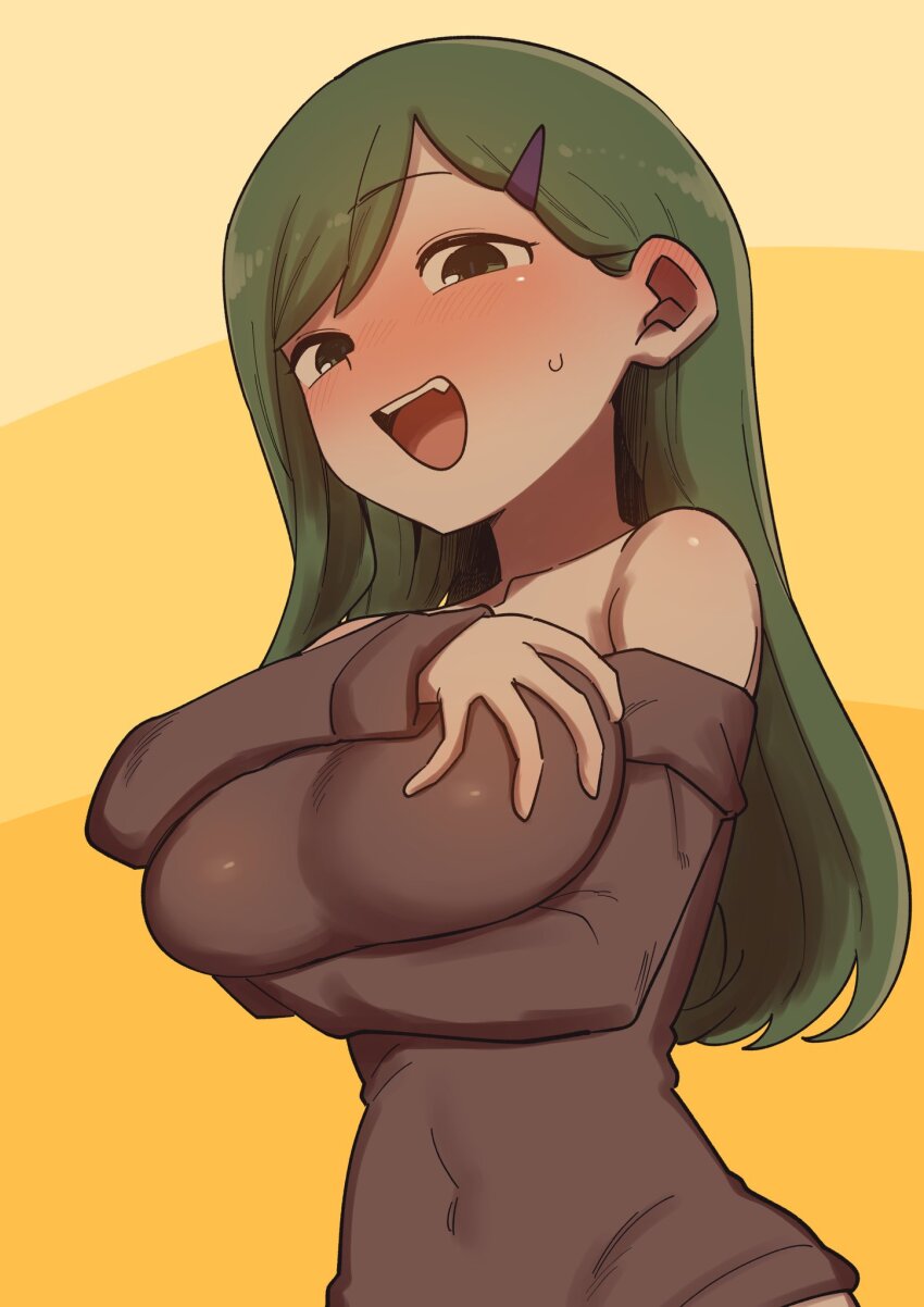 1girl alternate_breast_size arm_under_breasts bare_shoulders blush breasts brown_shirt commentary_request covered_navel grabbing_own_breast green_hair hair_ornament hairclip highres igarashi_futaba large_breasts long_hair long_sleeves off-shoulder_shirt off_shoulder open_mouth senpai_ga_uzai_kouhai_no_hanashi shiromanta shirt smile solo sweat teeth upper_body upper_teeth_only yellow_background