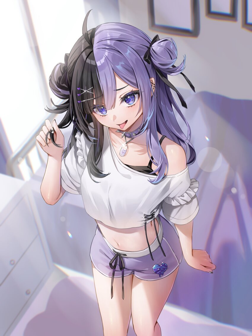 absurdres black_nails black_ribbon blurry blurry_background blush collar commission cropped_shirt depth_of_field dog_tags double_bun fang frilled_sleeves frills from_above hair_bun hair_ornament hair_ribbon hairclip highres holding holding_own_hair koakuma_rimu lens_flare long_eyelashes midriff multicolored_hair off-shoulder_shirt off_shoulder purple_collar purple_eyes purple_shorts ribbon runlan_0329 shirt short_sleeves shorts sidelocks single_off_shoulder skin_fang spiked_collar spikes thighs tongue tongue_out two-tone_hair virtual_youtuber