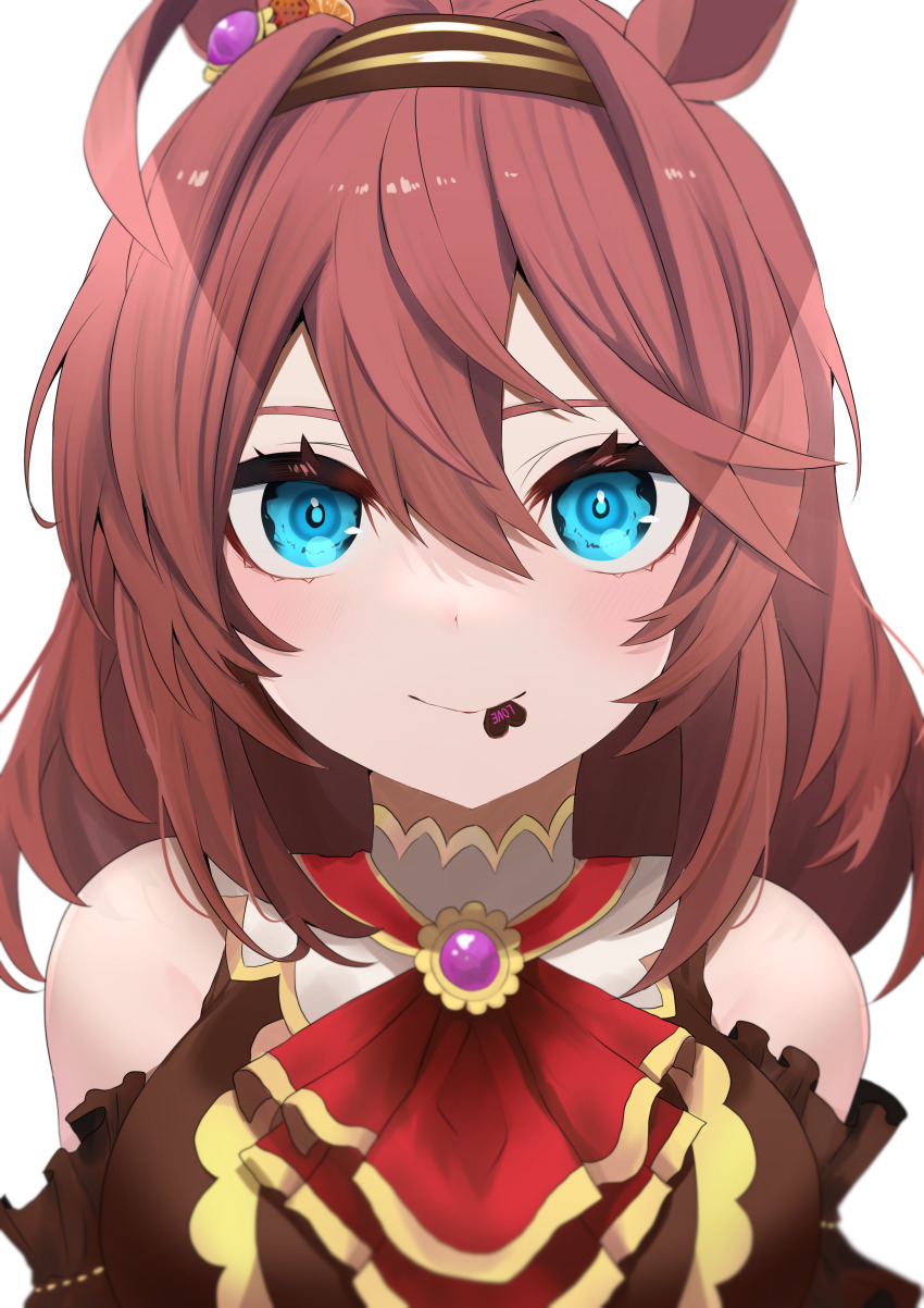 1girl absurdres ahoge animal_ears ascot bare_shoulders blue_eyes brooch brown_dress brown_hair brown_hairband candy chocolate chocolate_heart closed_mouth commentary_request detached_sleeves double-parted_bangs dress ear_ornament food hair_between_eyes hairband heart heart-shaped_food highres horse_ears jewelry light_blush long_hair looking_at_viewer mihono_bourbon_(code:glassage)_(umamusume) mihono_bourbon_(umamusume) mouth_hold official_alternate_costume pink_brooch pink_gemstone red_ascot simple_background sleeveless sleeveless_dress smile solo toa510 umamusume upper_body valentine white_background