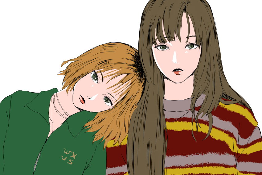 12_07sh 2girls absurdres black_roots brown_hair closed_mouth eunha_(gfriend) gfriend hashtag-only_commentary head_on_another&#039;s_shoulder highres k-pop long_hair looking_at_viewer multiple_girls parted_lips pink_lips real_life short_hair simple_background striped_clothes striped_sweater sweater upper_body white_background yuju_(gfriend)