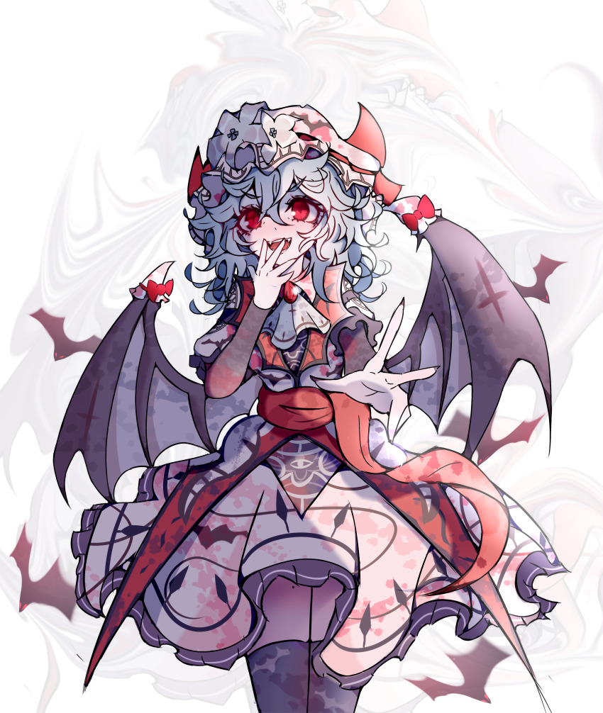 1girl absurdres ascot bat_wings covering_own_mouth dress fangs fingernails flower gem grey_flower hair_between_eyes hair_flower hair_ornament hand_over_own_mouth hand_up hat highres koumajou_densetsu long_hair long_sleeves mob_cap mole mole_on_thigh nail_polish open_mouth purple_hair red_eyes red_gemstone red_nails remilia_scarlet rudyboxer sharp_fingernails smile solo thighhighs touhou wavy_hair white_ascot white_dress white_hat white_thighhighs wings
