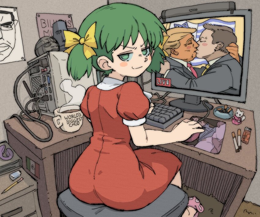 1girl ashtray ass blush_stickers chudjak cigarette cigarette_butt computer dildo donald_trump dress elon_musk elona french_kiss green_eyes green_hair israeli_flag juliet_sleeves kiss lighter loli long_sleeves medium_hair mexican_flag moai monitor mousepad_(object) olmec_head pantsu-ripper penis puffy_sleeves pussy rabbit_vibrator red_dress saya_(saya_no_uta) saya_no_uta sex sex_toy twintails vaginal vibrator yaoi younger_sister_(elona)