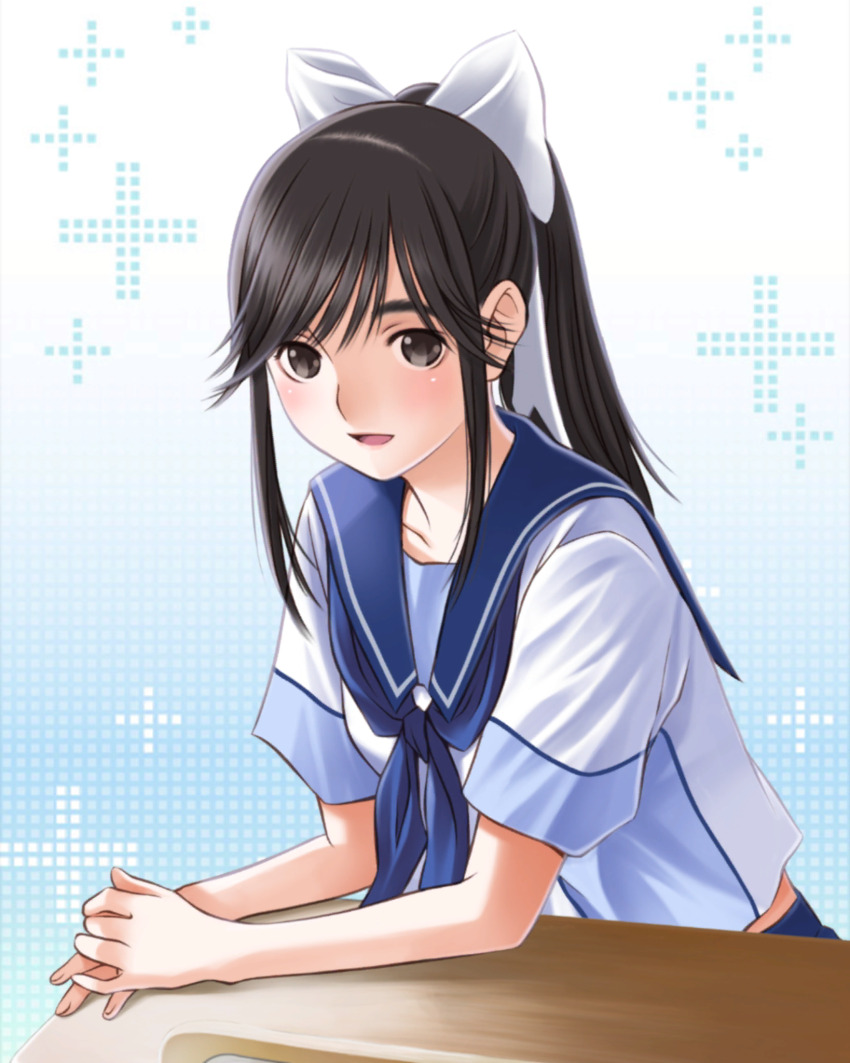 1girl aqua_background black_eyes black_hair blue_neckerchief blue_sailor_collar blue_skirt blush bow chair desk gradient_background hair_ribbon highres long_hair looking_at_viewer love_plus neckerchief official_art open_mouth own_hands_clasped own_hands_together pink_lips plus_sign ponytail ribbon sailor_collar school_chair school_desk school_uniform serafuku sidelocks skirt smile solo takane_manaka upper_body white_background white_bow white_serafuku