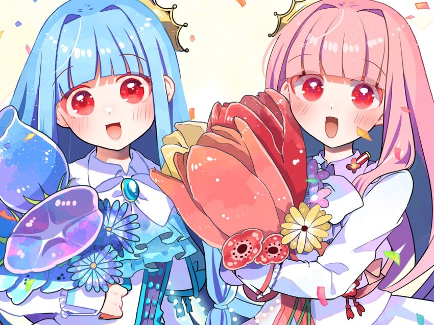 2girls blue_flower blue_hair blue_tulip blush bow bowtie brooch crown flower hair_intakes head_tilt hugging_object jacket jewelry kotonoha_akane kotonoha_aoi long_hair long_sleeves looking_at_viewer multiple_girls open_mouth orange_flower orange_tulip oversized_flower oyasumi_makura pink_hair red_eyes red_flower red_tulip siblings side-by-side simple_background sisters smile straight_hair tulip upper_body voiceroid white_background white_bow white_bowtie white_jacket
