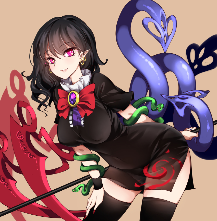 1girl absurdres asymmetrical_wings black_dress black_hair black_thighhighs blue_wings bow bowtie buttons center_frills dress footwear_bow frilled_dress frills highres houjuu_nue mary_janes multicolored_nails nail_polish nue pointy_ears polearm raptor7 red_bow red_bowtie red_eyes red_shoes red_wings shoes short_dress short_hair short_sleeves simple_background snake solo thighhighs thighs touhou trident weapon wings wristband