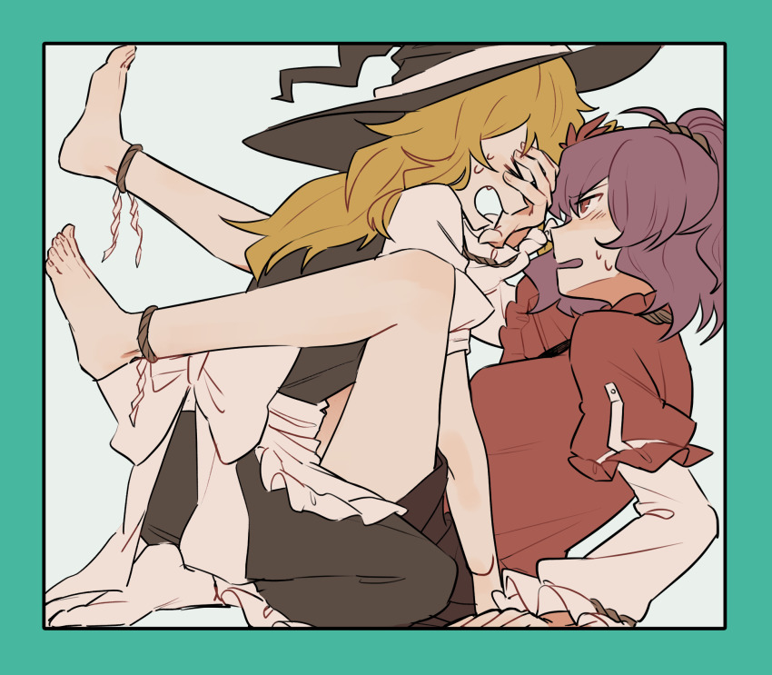 2girls black_skirt blonde_hair hat highres keiko_(emoticon) kirisame_marisa multiple_girls purple_hair red_eyes red_shirt shirt short_hair shy skirt touhou witch_hat yasaka_kanako yuri