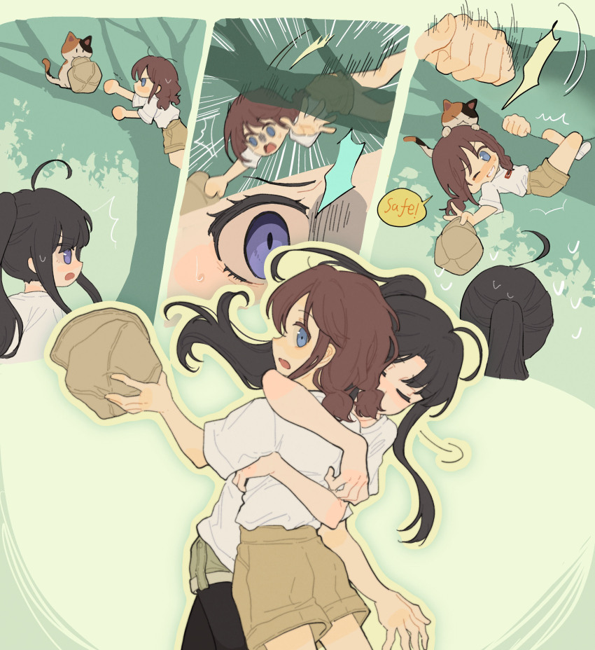 2girls absurdres ahoge awa_subaru black_hair blue_eyes brown_hair calico_(pattern) calico_cat cat climbing_tree closed_eyes day ekcl93 english_text falling girls_band_cry highres hug iseri_nina long_hair low_twintails multiple_girls one_eye_closed open_mouth outdoors ponytail shirt shorts speech_bubble t-shirt tree twintails visor_cap yuri