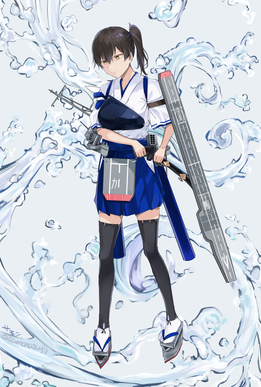 1girl absurdres blue_hakama brown_eyes brown_hair flight_deck full_body gaiters geta hakama hakama_short_skirt hakama_skirt highres japanese_clothes kaga_(kancolle) kaga_kai_ni_(kancolle) kantai_collection katana long_hair muneate okobo platform_sandals rigging samonasu17 sandals scabbard sheath sheathed short_sidetail side_ponytail skirt solo standing sword tabi tasuki thighhigh_gaiters thighhighs weapon