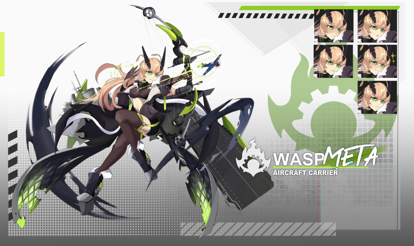 1girl absurdres alternate_costume azur_lane black_footwear bow breasts brown_gloves brown_jacket brown_thighhighs cookieblade dark_persona elbow_gloves multiple_expressions flight_deck full_body gloves green_eyes high_heels highres jacket light_brown_hair long_hair small_breasts solo thighhighs wasp_(azur_lane)