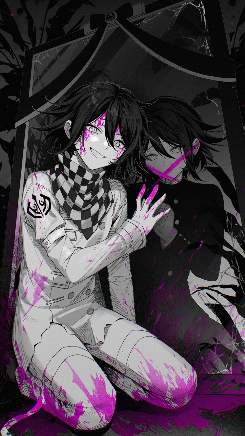 2boys blood blood_on_clothes blood_on_face blood_on_ground blood_on_hands checkered_clothes checkered_scarf crack danganronpa_(series) danganronpa_v3:_killing_harmony different_reflection dual_persona greyscale grin hair_between_eyes highres jacket kneeling looking_at_viewer monochrome multiple_boys nanin oma_kokichi pants pink_blood reflection scarf short_hair smile spot_color teeth thigh_strap torn_clothes torn_jacket