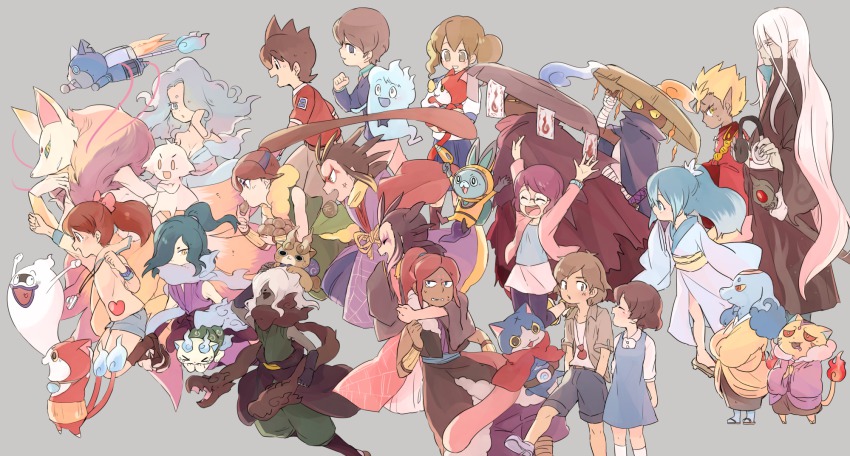 &gt;_&lt; 10s 6+boys 6+girls abbreviated_karakusa akamaru_(youkai_watch) alto168 animal_ears aqua_sclera arima_yuuto arms_up bad_id bad_pixiv_id bandages black_sclera blue_hair breasts brown_eyes brown_hair cape cat closed_eyes colored_sclera colored_skin crossed_arms dark_skin dog dual_persona eating eiga_youkai_watch:_enma_daiou_to_5-tsu_no_monogatari_da_nyan! emi-chan enma_daiou_(youkai_watch) enraenra_(youkai_watch) everyone fubukihime fumiaki_(youkai_watch) furoshiki fuu2 fuyunyan geta ghost glasses grandfather_and_granddaughter green_hair grey_background grey_skin gun hair_over_one_eye haramaki headphones heart helmet high_ponytail highres inumaro_(youkai_watch) japanese_clothes jetpack jibanyan jorougumo_(youkai_watch) kageorochi kataginu katana kimono kitsune kodama_fumika kodama_mariko komajirou komasan kyuubi kyuubi_(youkai_watch) long_hair masamune_(youkai_watch) misora_inaho monster_boy multicolored_hair multiple_boys multiple_girls multiple_tails muramasa_(youkai_watch) nekokiyo no_socks notched_ear nurarihyon_(youkai_watch) oogama_(youkai_watch) ooyamori open_mouth orochi_(youkai_watch) pendant_watch pointy_ears ponytail purple_lips rabbit_ears red_cape red_eyes red_sclera robonyan robot sandogasa scar school_uniform serafuku short_hair shorts simple_background sleeveless spacesuit standing sword tail traditional_youkai tsuchigumo_(youkai_watch) two-tone_hair two_tails usapyon very_long_hair watch weapon whisper_(youkai_watch) white_hair wristwatch yellow_eyes yellow_sclera youkai_guts_f youkai_watch youkai_watch_(object) youkai_watch_2