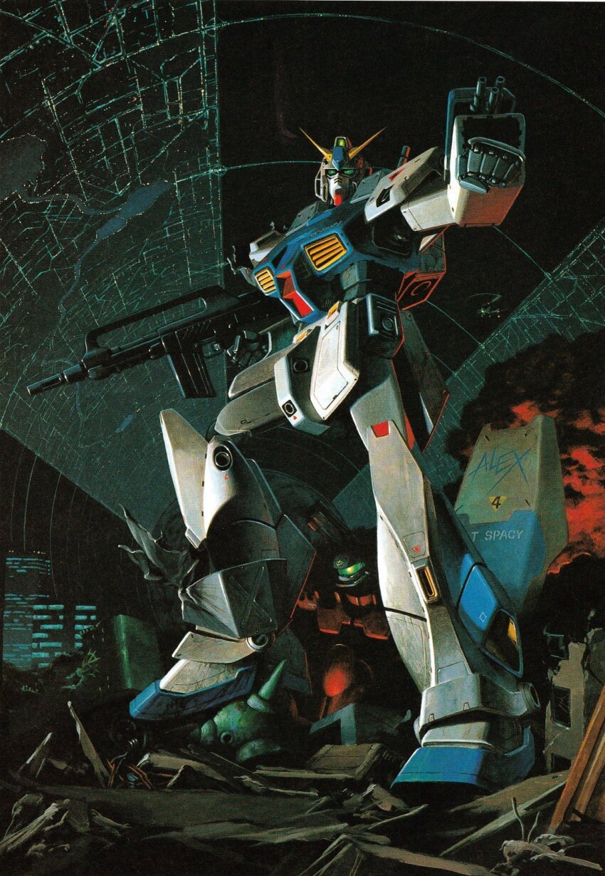 aiming arm_mounted_weapon building colony_interior commentary earth_federation english_commentary finger_on_trigger green_hair green_visor gun guncannon_mp_type gundam gundam_0080 gundam_alex highres holding holding_gun holding_weapon kaida_yuuji mecha mecha_focus mobile_suit no_humans official_art outstretched_arm robot rubble scan science_fiction shield smoke standing third-party_source thrusters v-fin weapon wreckage