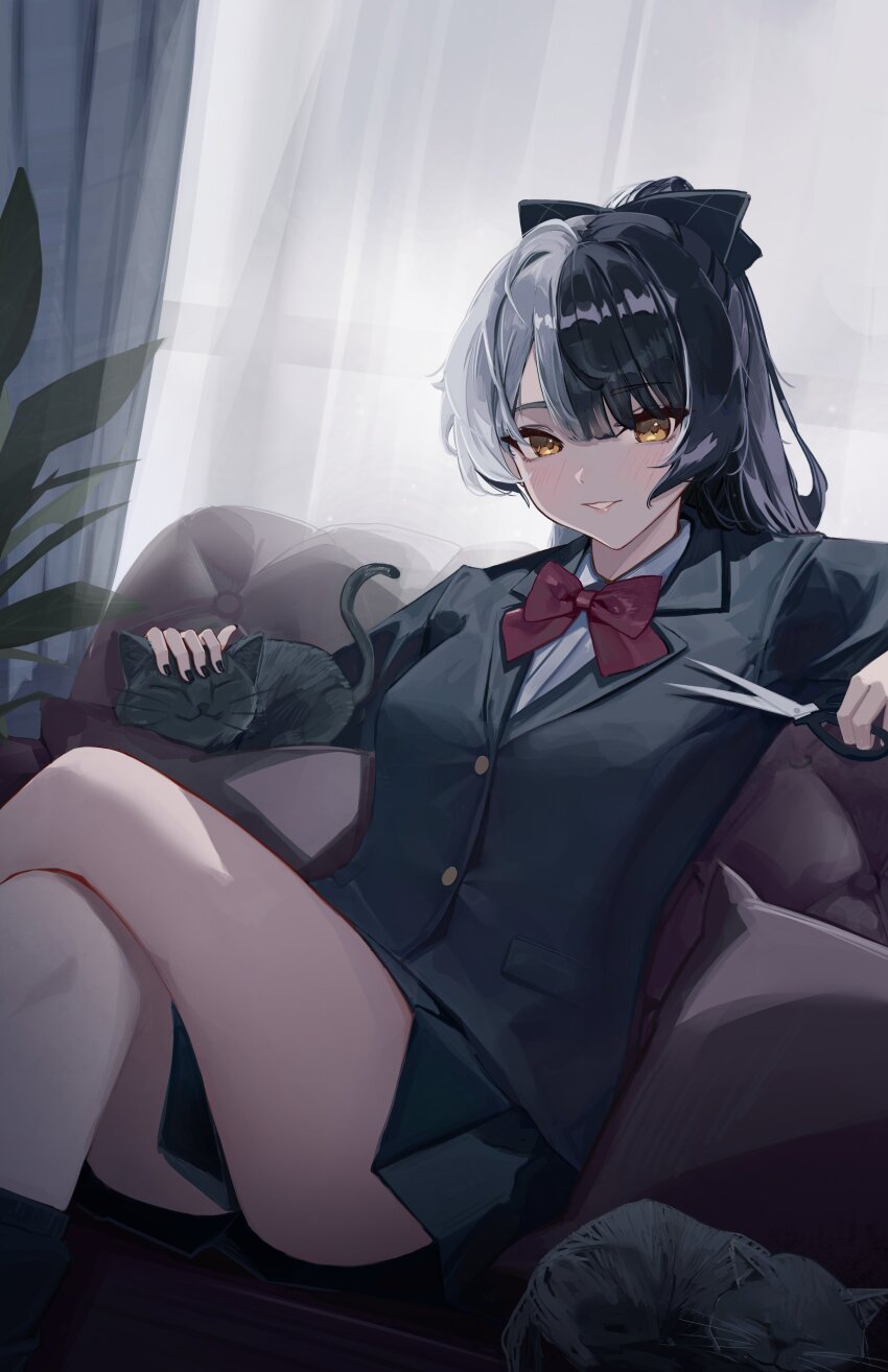 1girl absurdres alternate_costume animal black_bow black_cat black_hair black_jacket black_nails black_skirt blazer blush bow bowtie breasts cat collared_shirt commentary couch crossed_legs curtains dress_shirt english_commentary feet_out_of_frame fingernails grey_hair grin hair_between_eyes hair_bow highres holding holding_scissors hololive hololive_english indoors jacket long_fingernails long_sleeves looking_at_viewer medium_breasts miniskirt multicolored_hair nail_polish ntdanny on_couch parted_bangs plant pleated_skirt red_bow red_bowtie revision school_uniform scissors shiori_novella shirt sitting skirt smile solo split-color_hair two-tone_hair virtual_youtuber white_shirt yellow_eyes