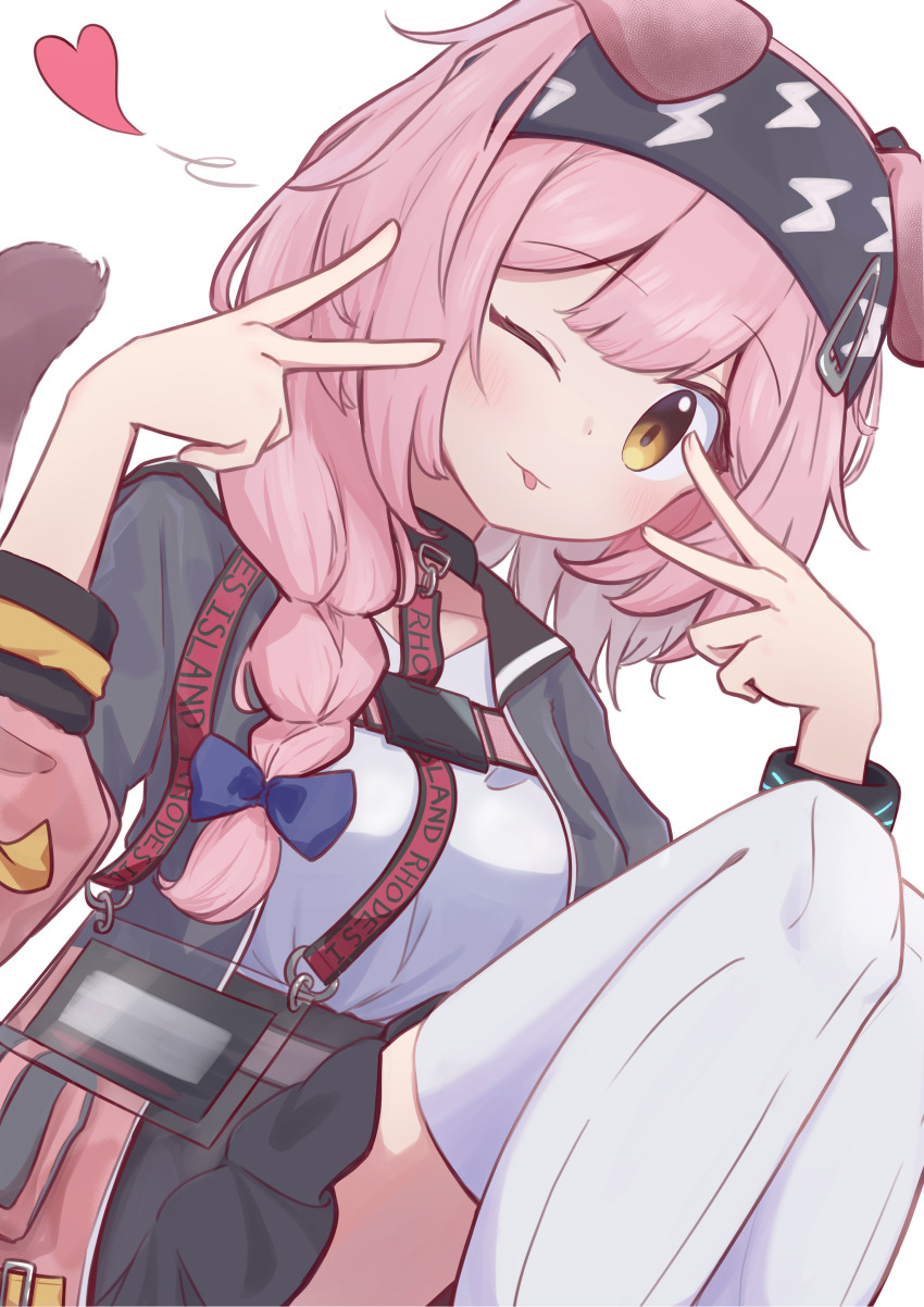 1girl ;p absurdres animal_ears arknights arms_up barurun_pen black_hairband black_jacket blush bow braid clothes_writing commentary double_v feet_out_of_frame goldenglow_(arknights) hair_bow hair_over_shoulder hairband heart highres infection_monitor_(arknights) jacket lanyard light_smile lightning_bolt_print looking_at_viewer medium_hair one_eye_closed pink_hair pink_jacket purple_bow shirt simple_background solo thighhighs tongue tongue_out v white_background white_shirt white_thighhighs yellow_eyes