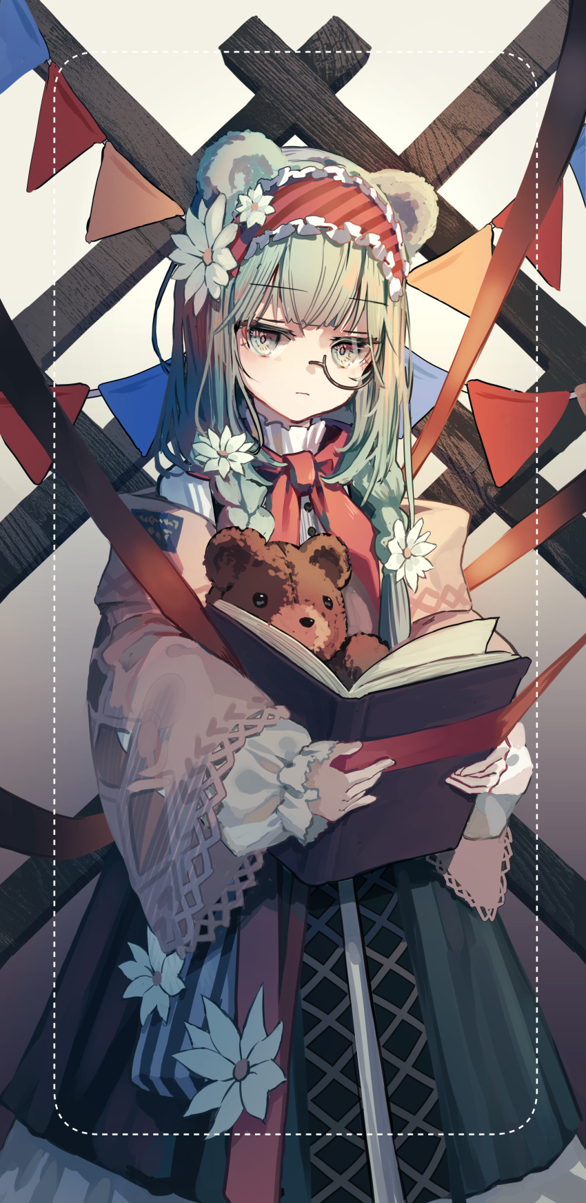 1girl absurdres animal_ears arknights bear_ears bear_girl black_dress blue_eyes blue_hair book braid collared_dress commentary dress feet_out_of_frame flower frilled_dress frilled_hairband frills gradient_background grey_background hair_flower hair_ornament hair_over_shoulder hairband highres holding holding_book hugging_object iasimo inset_border istina_(arknights) istina_(bibliosmia)_(arknights) jacket long_bangs long_hair long_sleeves looking_at_viewer monocle off_shoulder open_book open_clothes open_jacket pink_jacket red_hairband side_braids sidelocks solo stuffed_animal stuffed_toy teddy_bear white_flower