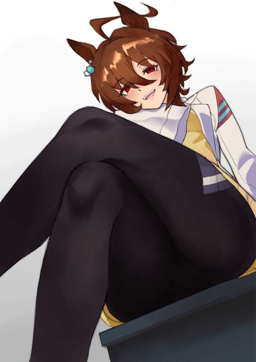 1girl agnes_tachyon_(umamusume) ahoge animal_ears brown_hair cer00l crossed_legs earrings hair_between_eyes highres horse_ears horse_girl jewelry lab_coat looking_at_viewer looking_down pantyhose red_eyes simple_background single_earring skirt sleeves_past_fingers sleeves_past_wrists smile solo umamusume white_background