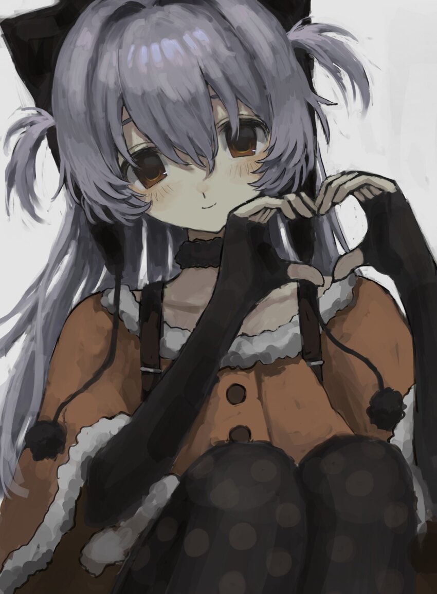 beanie brown_eyes capelet earflap_beanie fingerless_gloves gloves grey_hair hat heart heart_hands highres konsan268 magical_girl mahou_shoujo_madoka_magica mahou_shoujo_madoka_magica:_hangyaku_no_monogatari momoe_nagisa momoe_nagisa_(magical_girl) orange_capelet polka_dot polka_dot_legwear pom_pom_(clothes) pom_pom_beanie