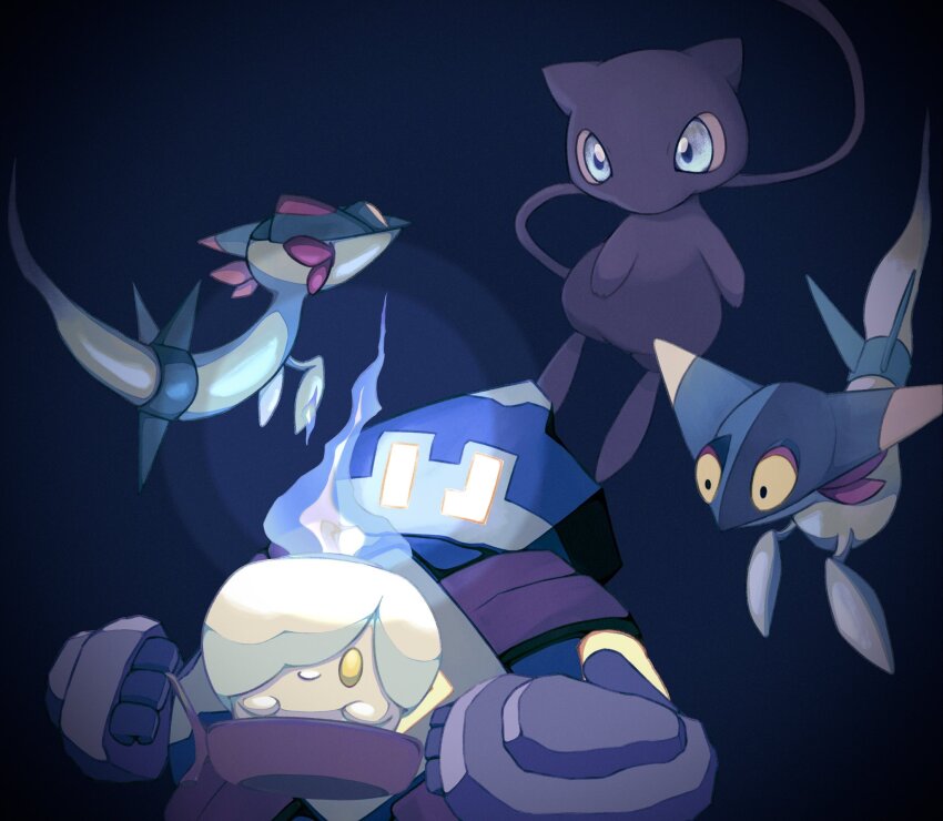 blue_eyes closed_mouth colored_skin dreepy fire fireblast floating gen_1_pokemon gen_5_pokemon gen_8_pokemon golett highres legendary_pokemon light litwick mew_(pokemon) mythical_pokemon nintendo no_humans pink_skin pokemon pokemon_(creature) purple_fire smile tail white_skin yellow_eyes