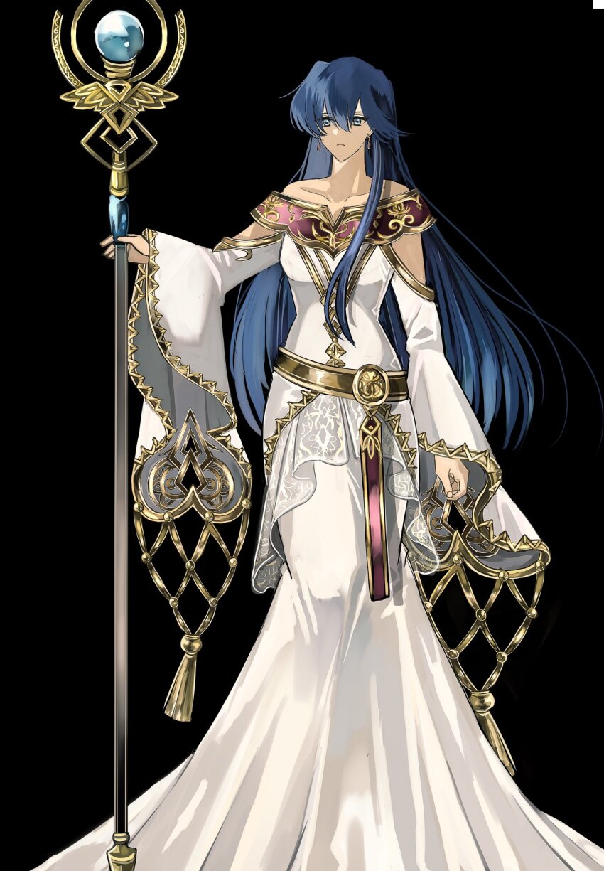 1girl black_background blue_eyes blue_hair commentary dress earrings elice_(fire_emblem) fire_emblem fire_emblem:_mystery_of_the_emblem fire_emblem:_shadow_dragon highres holding holding_staff jewelry long_hair nintendo omlililimo solo staff very_long_hair white_dress wide_sleeves