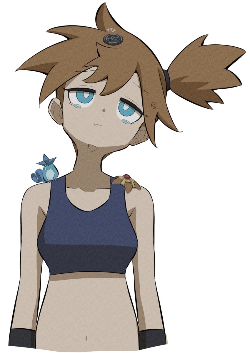 1girl :t articuno asymmetrical_hair blue_eyes breasts bright_pupils brown_hair closed_mouth coin failure gen_1_pokemon hair_tie highres ida_(idalol490) legendary_pokemon looking_at_viewer looking_up midriff misty_(pokemon) navel nintendo orange_hair pokemon pokemon_frlg pokemon_tcg pokemon_tcg_pocket ponytail pout shirt short_hair side_ponytail simple_background solo staryu swimsuit tearing_up upper_body white_background white_pupils