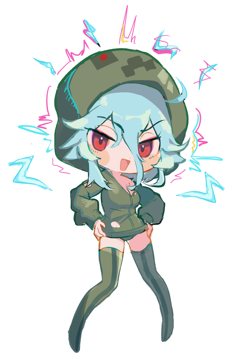 1girl absurdres blue_hair borrowed_character breasts charged_creeper chibi cleavage comfycal commentary creeparka creeper cupa_(at2.) deformed english_commentary full_body green_hoodie green_panties green_thighhighs hands_on_own_hips highres hood hood_up hoodie looking_at_viewer minecraft mob_talker original panties personification red_eyes simple_background solo thighhighs underwear white_background
