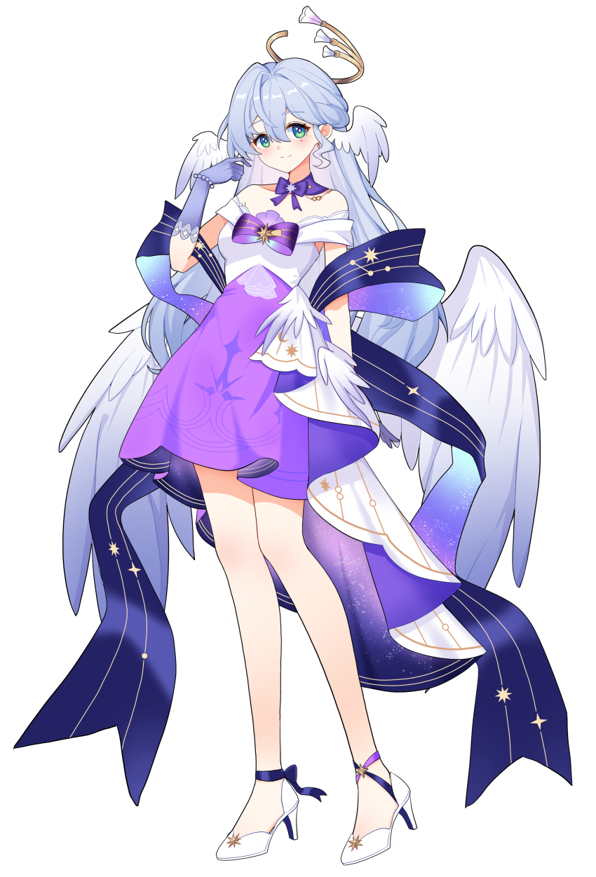 1girl absurdres aqua_eyes bare_shoulders blue_skirt bow commentary ff2074 full_body gloves grey_gloves grey_hair hand_up head_wings high_heels highres honkai:_star_rail honkai_(series) long_hair looking_at_viewer off-shoulder_shirt off_shoulder purple_bow robin_(honkai:_star_rail) robin_(star_rail_live_2024)_(honkai:_star_rail) shirt short_sleeves simple_background skirt smile solo standing very_long_hair white_background white_footwear white_shirt wings