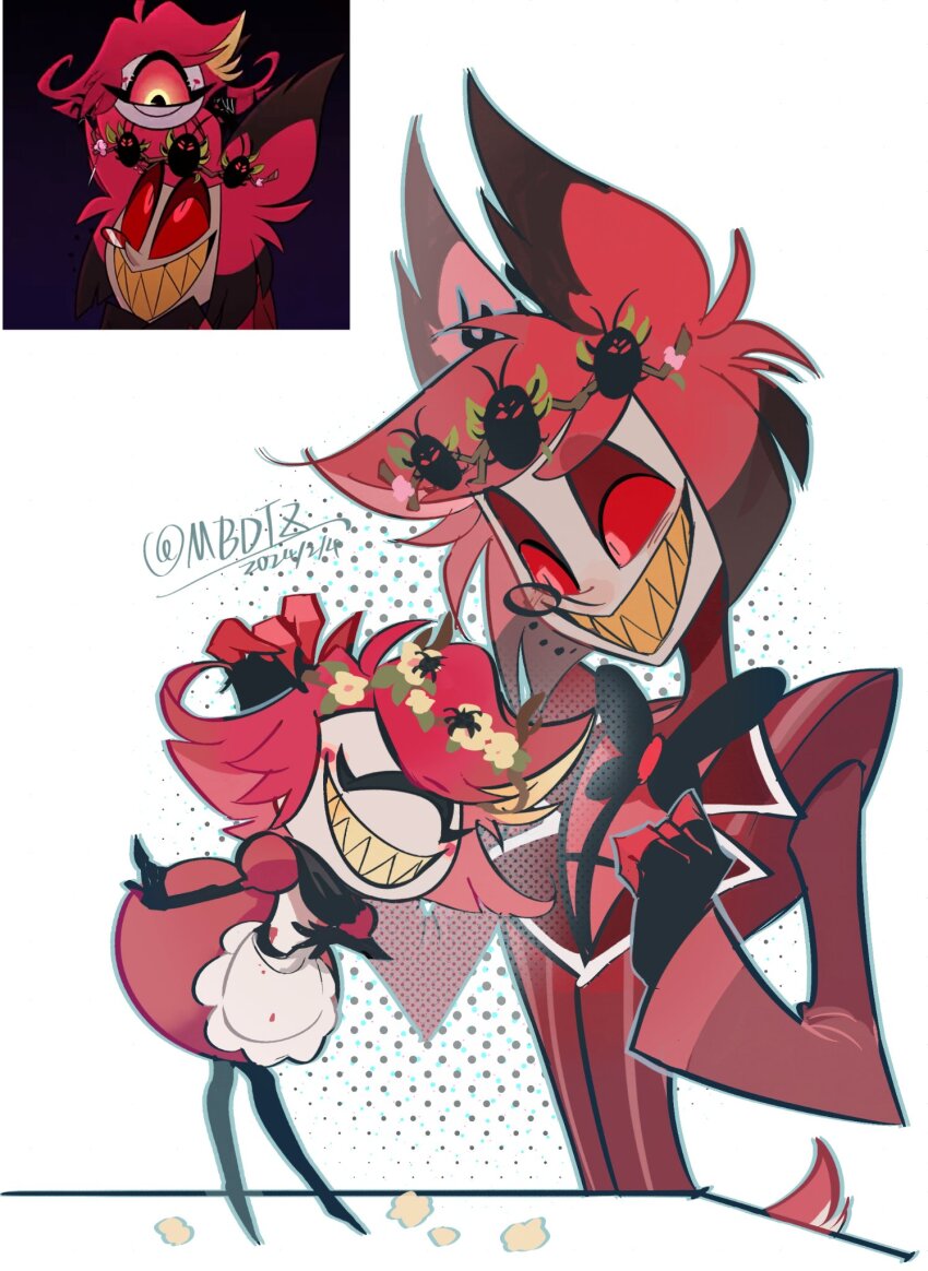 1boy 1girl ^_^ alastor_(hazbin_hotel) animal_ears antlers apron artist_name black_bow black_bowtie blonde_hair bow bowing bowtie bug circle_facial_mark closed_eyes coat colored_sclera colored_skin commentary cyclops dated deer_antlers deer_boy deer_ears deer_tail dress english_commentary eyes_visible_through_hair eyeshadow facial_mark flower frilled_apron frills grey_skin grin half-closed_eyes hand_on_another&#039;s_head hand_on_own_hip hand_up hazbin_hotel head_wreath highres horns leaning_forward long_sleeves looking_at_another makeup mbdtz monocle multicolored_hair niffty_(hazbin_hotel) one-eyed puffy_short_sleeves puffy_sleeves red-tinted_eyewear red_coat red_dress red_eyes red_eyeshadow red_hair red_sclera red_shirt reference_inset screenshot_inset sharp_teeth shirt short_hair short_sleeves simple_background size_difference smile striped_coat tail teeth tinted_eyewear traditional_bowtie twitter_username two-tone_hair vertical-striped_coat white_apron white_background yellow_flower yellow_teeth