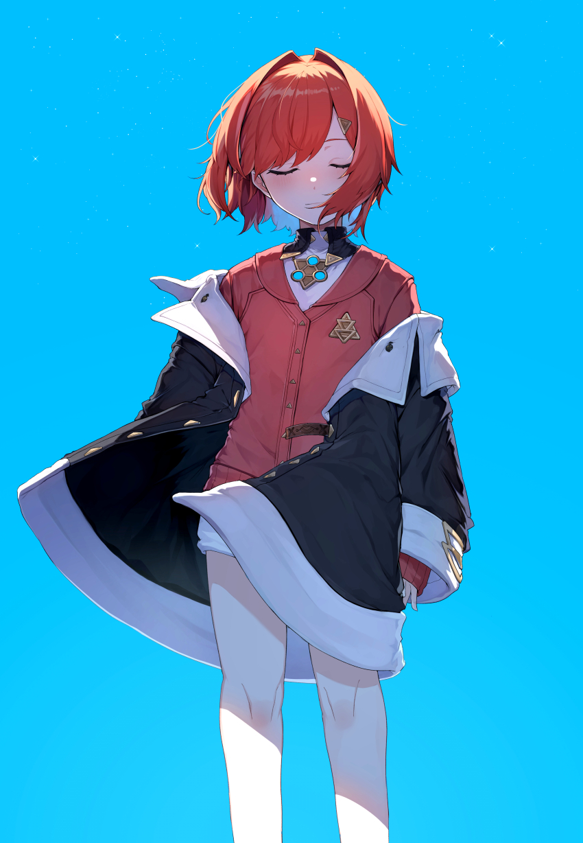 1girl absurdres alternate_hair_color ange_katrina ange_katrina_(1st_costume) bare_legs black_coat blue_background blue_hair blush cardigan closed_eyes closed_mouth coat colored_inner_hair commentary_request dress feet_out_of_frame flat_chest hair_intakes hair_ornament hatyuuruinohito highres light_particles multicolored_hair nijisanji off_shoulder open_clothes open_coat red_cardigan red_hair short_dress short_hair sleeves_past_wrists solo straight-on swept_bangs triangle_hair_ornament two-tone_hair virtual_youtuber white_dress