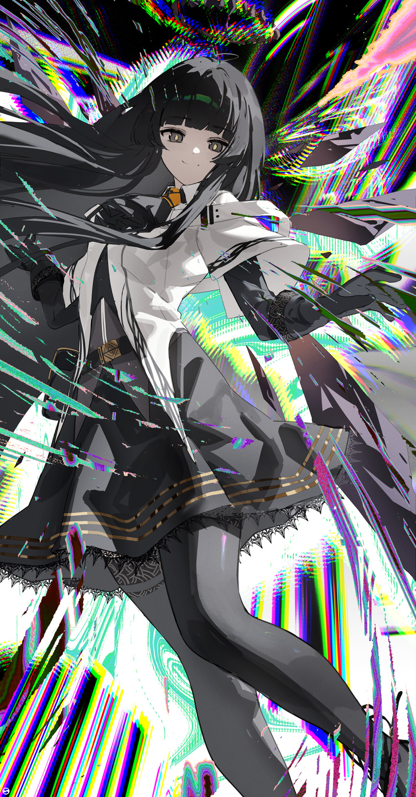 1girl absurdres arknights ascot black_ascot black_dress black_gloves black_halo black_pantyhose broken_halo closed_mouth commentary_request dark_halo detached_wings dress energy_wings feet_out_of_frame gloves halo highres hime_cut layered_sleeves long_hair long_sleeves looking_at_viewer pantyhose short_over_long_sleeves short_sleeves smile solo songchuan_li virtuosa_(arknights) wings