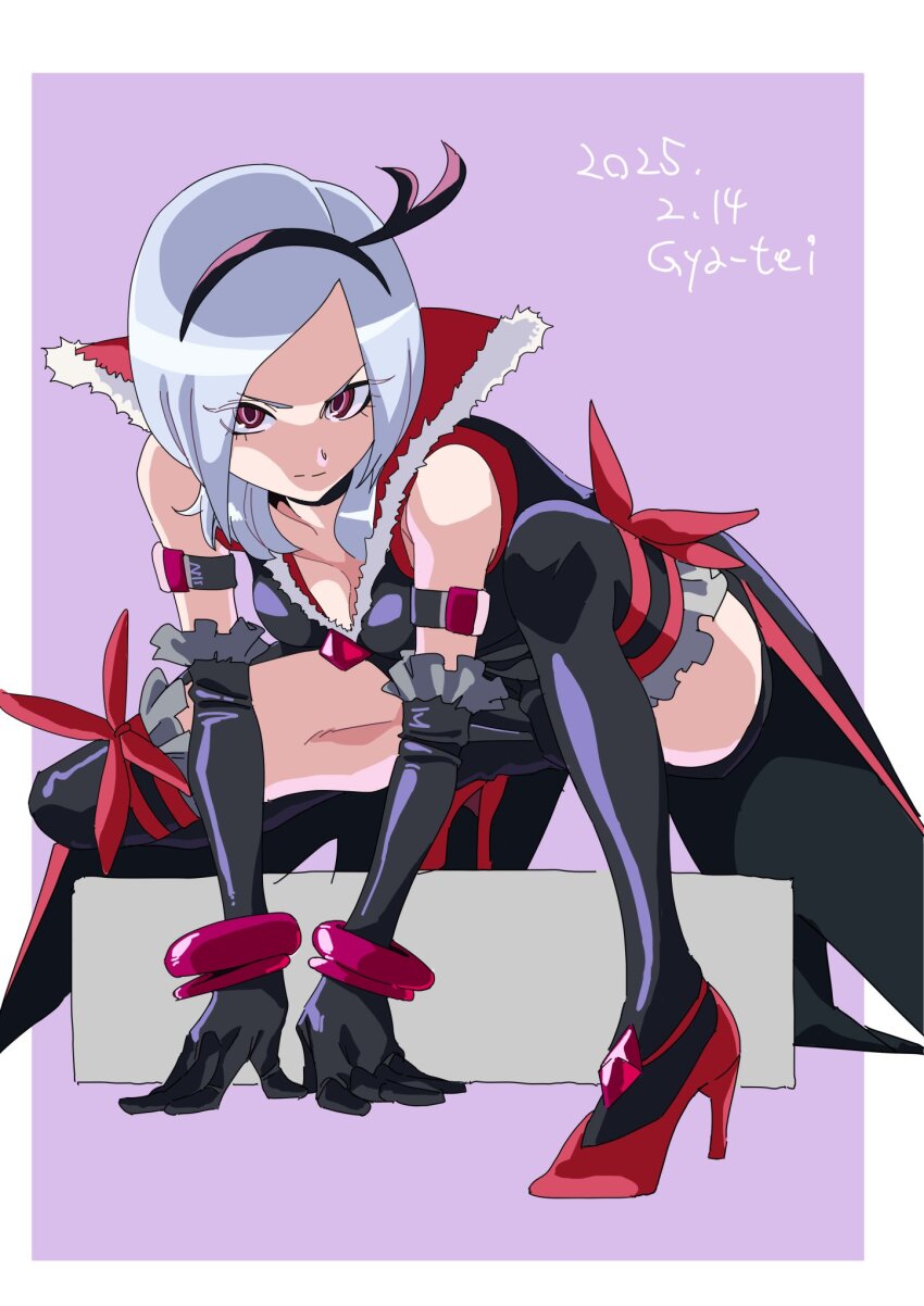 1girl all_fours arm_support armlet artist_name black_coat black_thighhighs border bow bracelet breasts cleavage coat dated eas_(fresh_precure!) elbow_gloves fresh_precure! frills full_body fur_trim gloves grey_hair gya-tei hairband higashi_setsuna high_heels highres jewelry light_smile looking_at_viewer parted_bangs platform precure red_bow red_eyes red_shoes shoes short_hair simple_background sleeveless sleeveless_coat solo split_mouth strappy_heels tailcoat thighhighs v-shaped_eyebrows