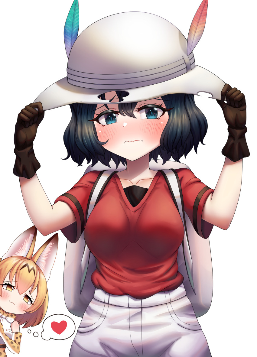 2girls :3 absurdres animal_ears backpack bag black_gloves black_hair blue_eyes blush breasts closed_mouth collarbone gloves grey_headwear grey_shorts heart highres kaban_(kemono_friends) kemono_friends large_breasts looking_at_another looking_at_viewer multiple_girls neukkom orange_hair red_shirt serval_(kemono_friends) shirt short_hair short_sleeves shorts simple_background speech_bubble spoken_heart thought_bubble wavy_hair white_background